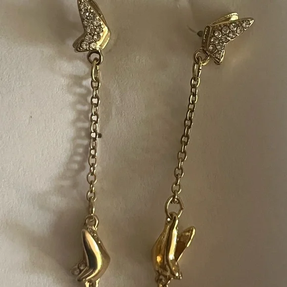 Gold 3 Inch Long Dangle Boho Butterfly Earrings With Crystal Gemstones~ New - Picture 3 of 8